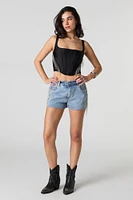 Short en denim avec franges et pierres du Rhin