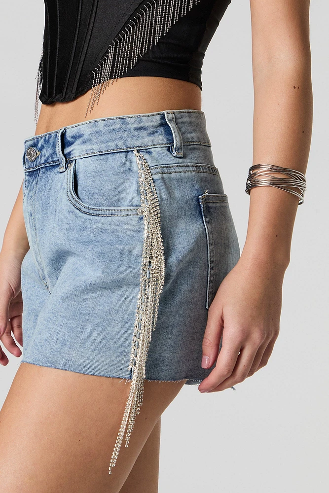 Short en denim avec franges et pierres du Rhin