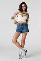 Elastic Waist Frayed Denim Short