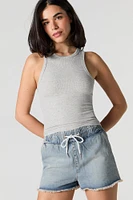 Drawstring Waist Frayed Denim Short