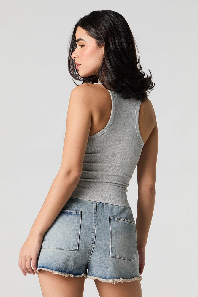 Drawstring Waist Frayed Denim Short