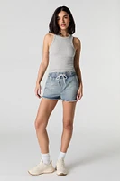 Drawstring Waist Frayed Denim Short