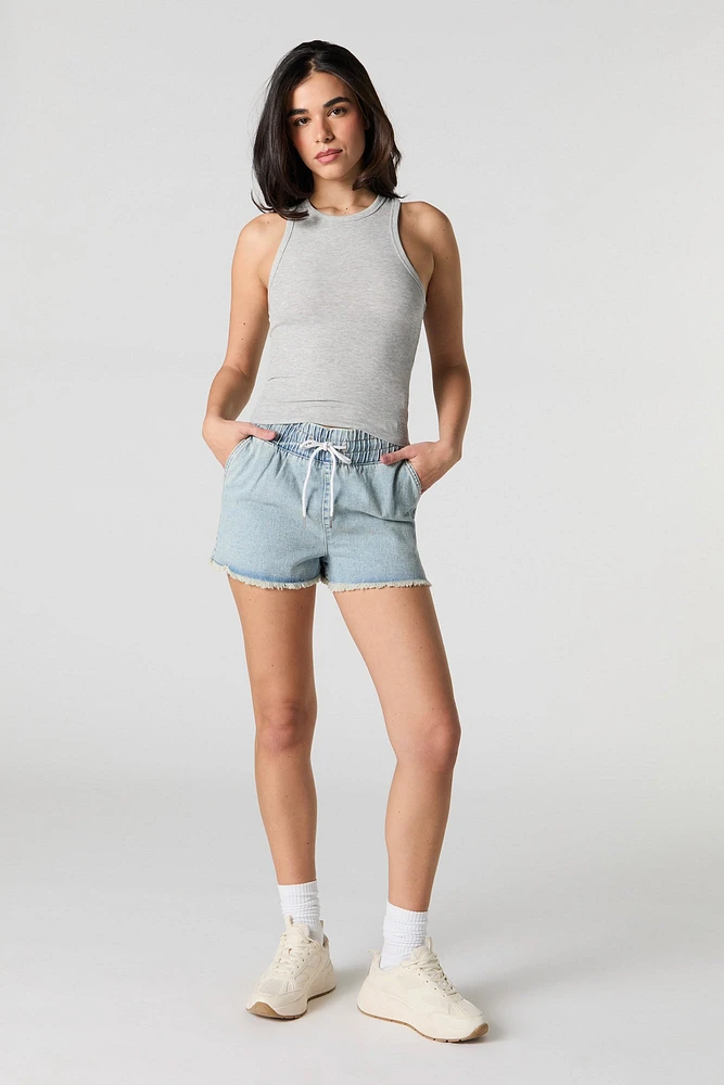 Short en denim avec franges et taille coulissante