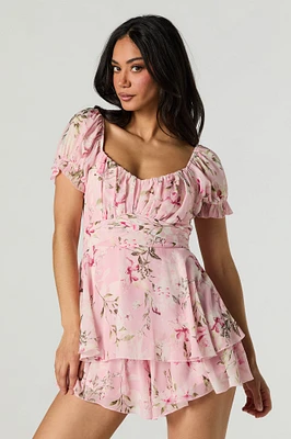 Floral Chiffon Tie Back Tiered Romper