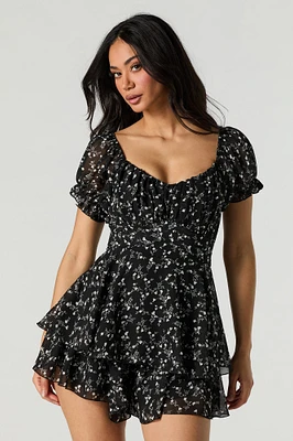 Floral Chiffon Tie Back Tiered Romper