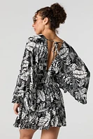 Hawaiian Print Surplice Bell Sleeve Flowy Romper