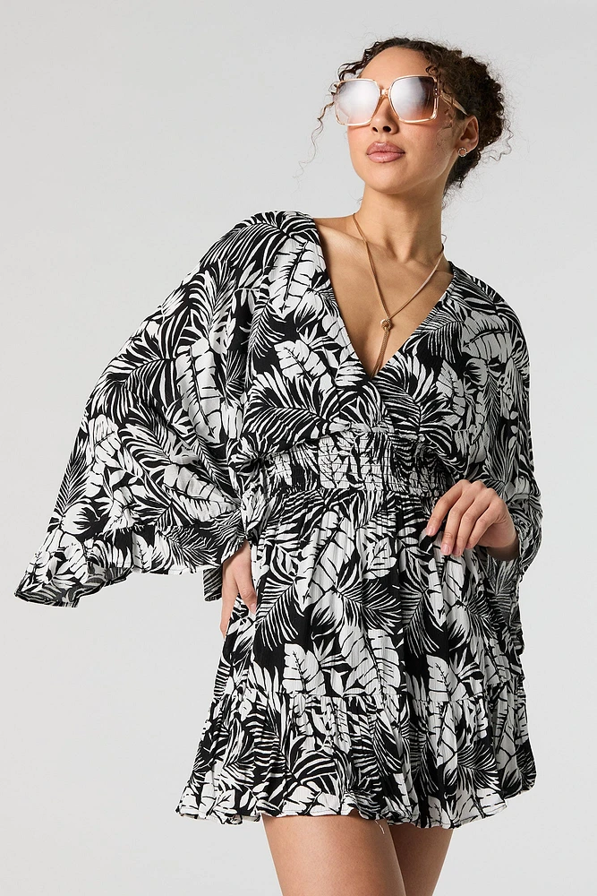 Hawaiian Print Surplice Bell Sleeve Flowy Romper