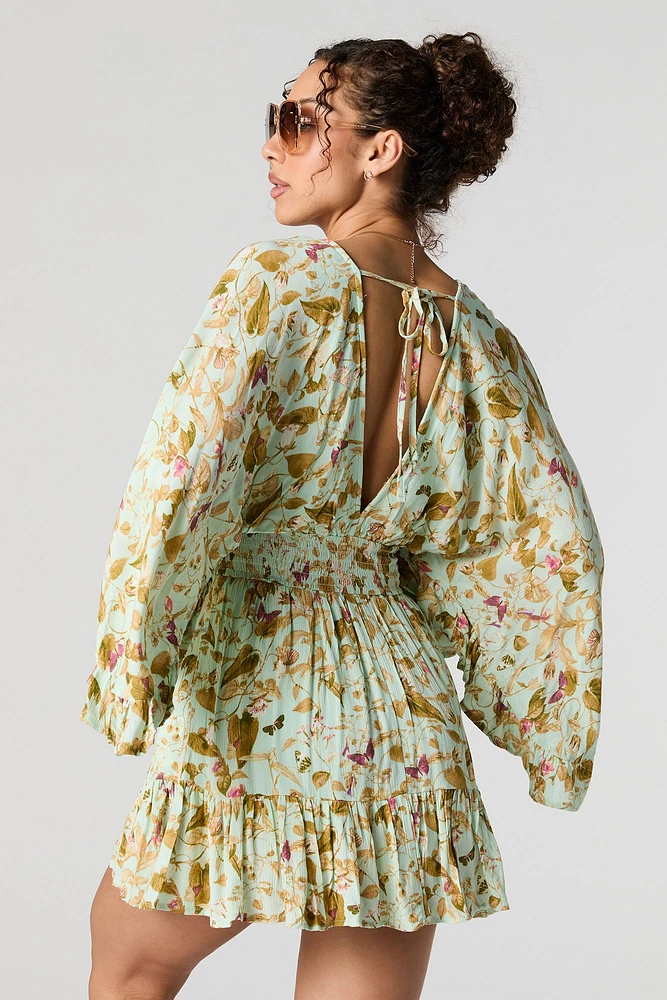 Butterfly Leaf Print Surplice Bell Sleeve Flowy Romper