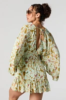 Butterfly Leaf Print Surplice Bell Sleeve Flowy Romper