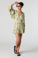 Butterfly Leaf Print Surplice Bell Sleeve Flowy Romper