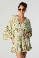 Butterfly Leaf Print Surplice Bell Sleeve Flowy Romper