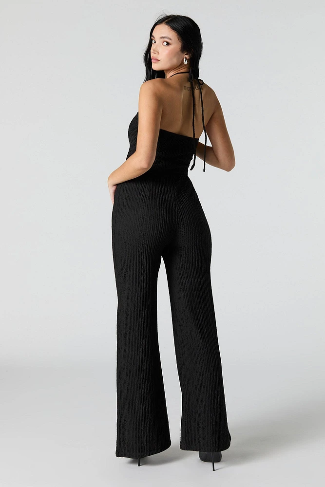 Textured Halter Wide Leg Jumpsuit