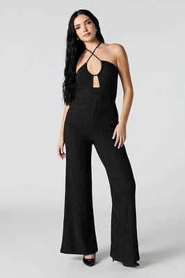 Textured Halter Wide Leg Jumpsuit