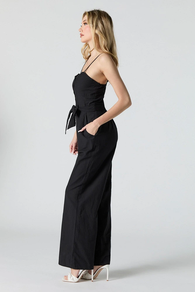 Button Front Belted Wide Leg Jumpsuit