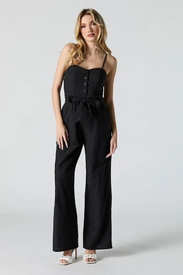 Button Front Belted Wide Leg Jumpsuit