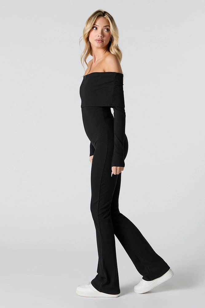 Ribbed Off Shoulder Long Sleeve Jumpsuit