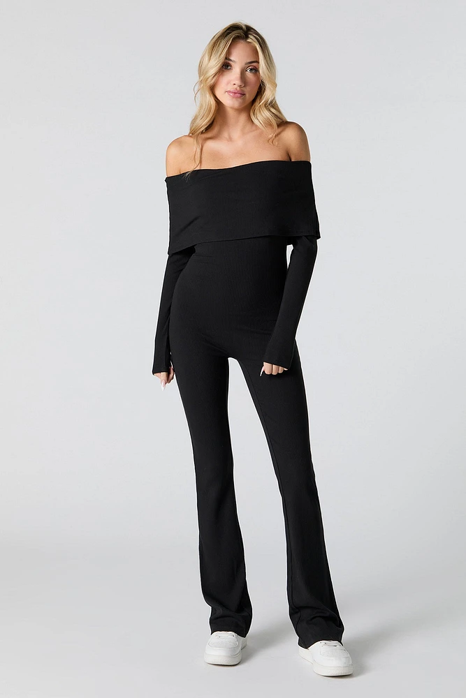 Ribbed Off Shoulder Long Sleeve Jumpsuit