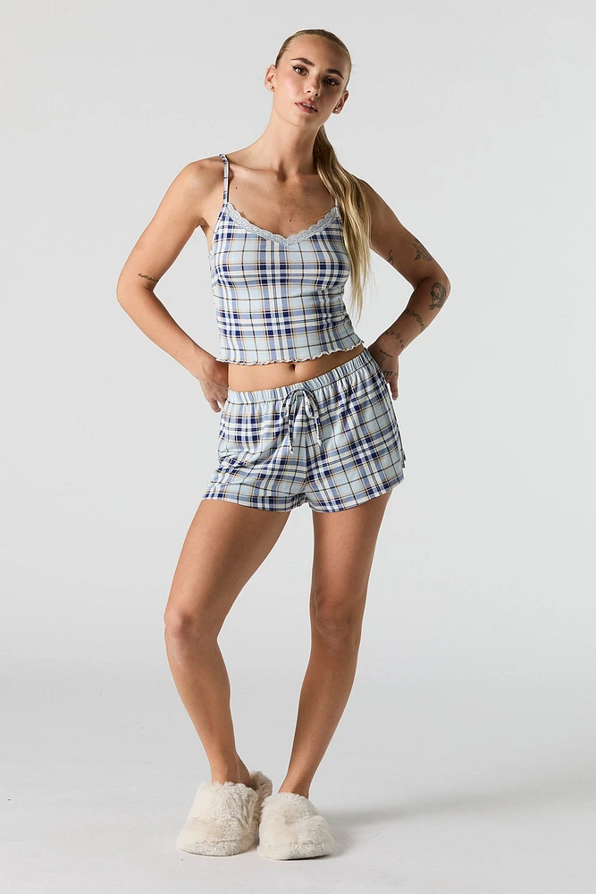 Soft Printed Lace Trim Tank & Short 2 Piece Pajama Set