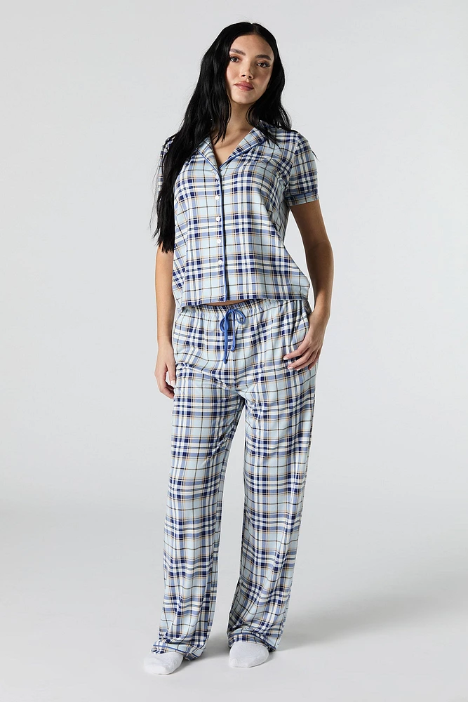 Collared Button-Up Top & Pant 2 Piece Pajama Set