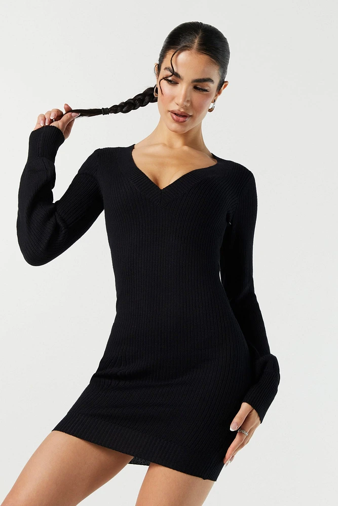 Ribbed Knit V-Neck Sweater Dress