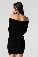 Ribbed Knit Off Shoulder Mini Sweater Dress