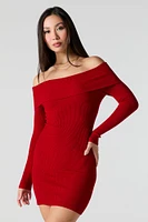 Ribbed Knit Off Shoulder Mini Sweater Dress