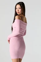 Ribbed Knit Off Shoulder Mini Sweater Dress