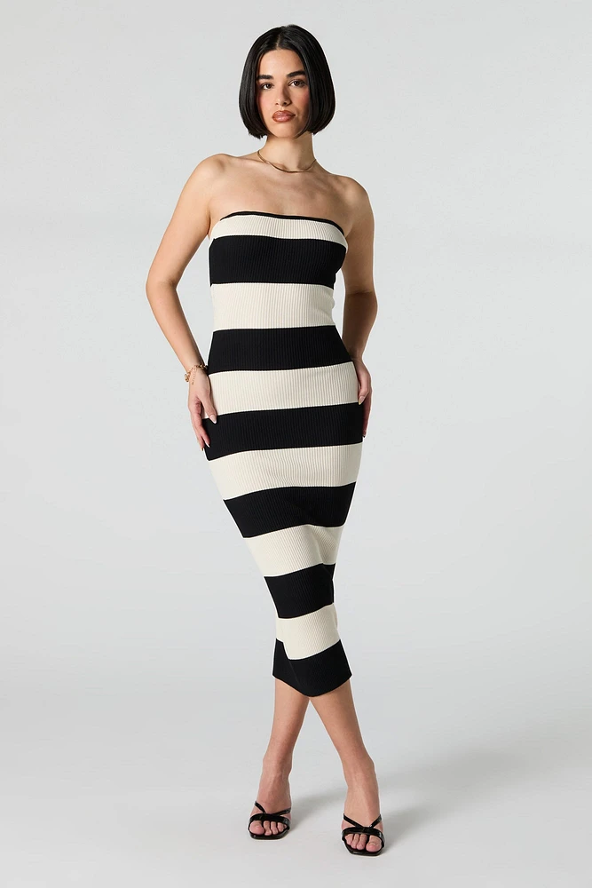 Striped Ribbed Knit Strapless Midi Dress