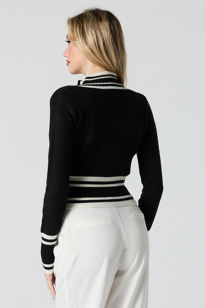 Contrast Striped Knit Zip-Up Sweater