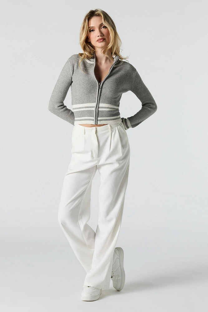 Contrast Striped Knit Zip-Up Sweater