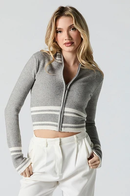 Contrast Striped Knit Zip-Up Sweater