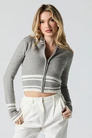 Contrast Striped Knit Zip-Up Sweater