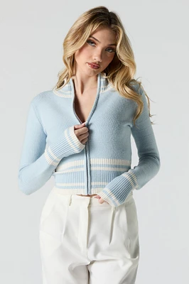 Contrast Striped Knit Zip-Up Sweater