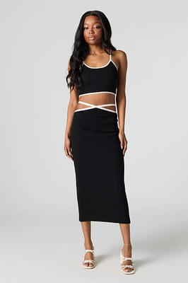 Ribbed Knit Strappy Waist Midi Skirt