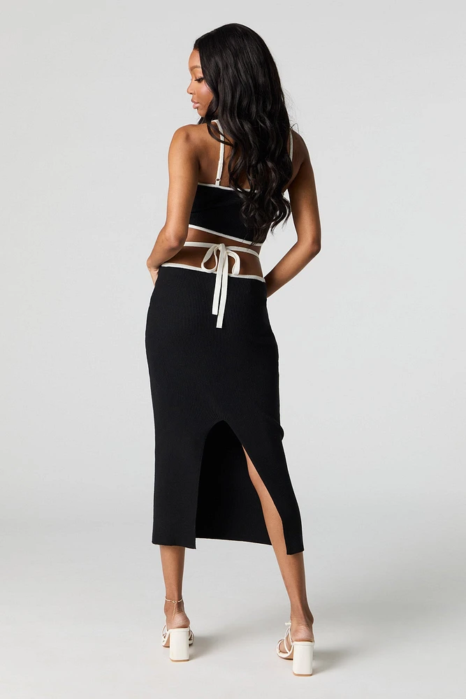 Ribbed Knit Strappy Waist Midi Skirt