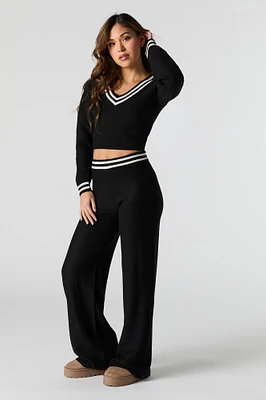 Striped Trim Knit Wide Leg Pant