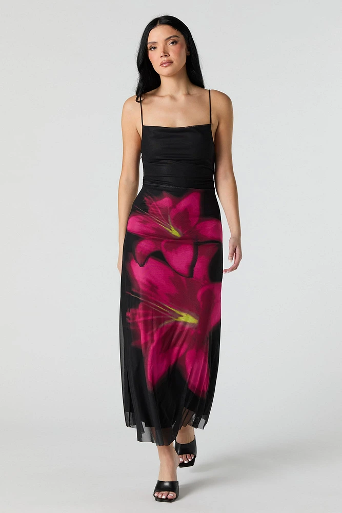 Printed Mesh Maxi Dress