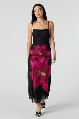 Printed Mesh Maxi Dress