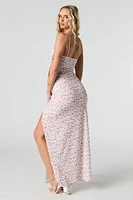 Robe maxi avec fente, col en V et imprimé floral