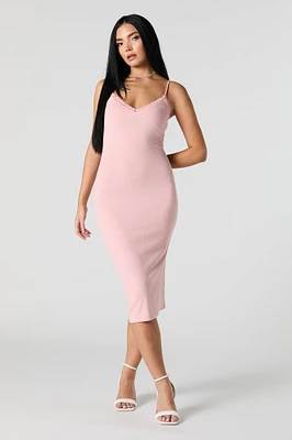 Ribbed Lace Trim V-Neck Midi Dress