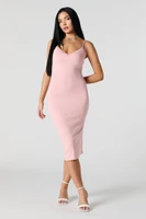 Ribbed Lace Trim V-Neck Midi Dress