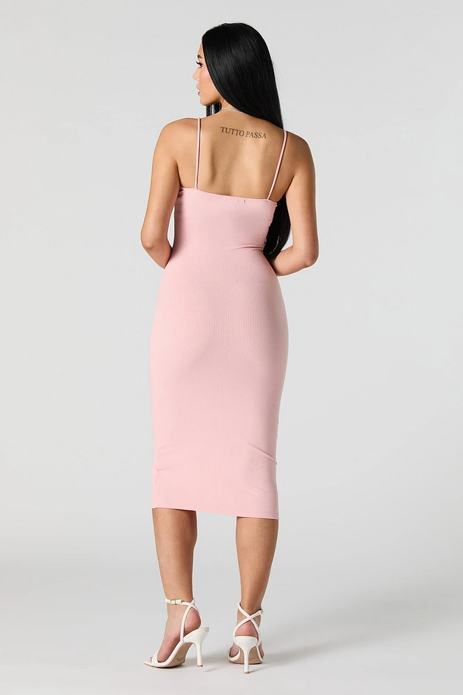 Ribbed Lace Trim V-Neck Midi Dress