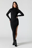 Ribbed Turtleneck Bodycon Slit Midi Dress