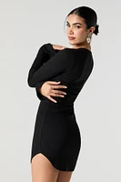 Ribbed Curved Hem Long Sleeve Mini Dress