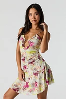 Printed Mesh Cut-Out Asymmetrical Mini Dress
