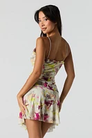 Printed Mesh Cut-Out Asymmetrical Mini Dress