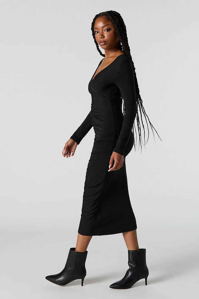 Ruched V-Neck Long Sleeve Midi Dress