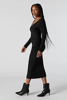 Ruched V-Neck Long Sleeve Midi Dress