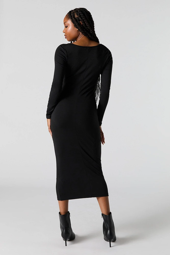 Ruched V-Neck Long Sleeve Midi Dress