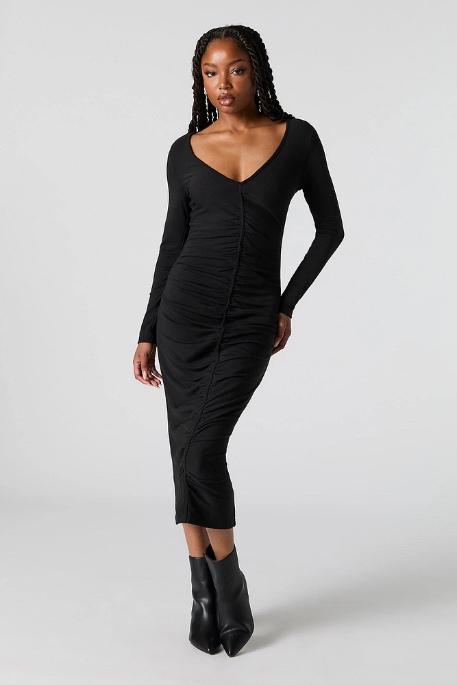 Ruched V-Neck Long Sleeve Midi Dress